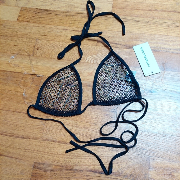 Hot & Delicious Other - Hot & Delicious Black Mesh Bedazzled Rhinestone Festival Bikini Top Medium NWT